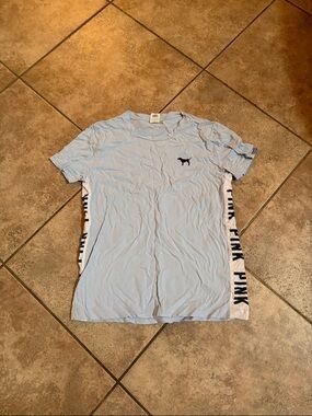 PINK Victoria's Secret Light Blue Short Sleeve Crew with Black Dog Logo